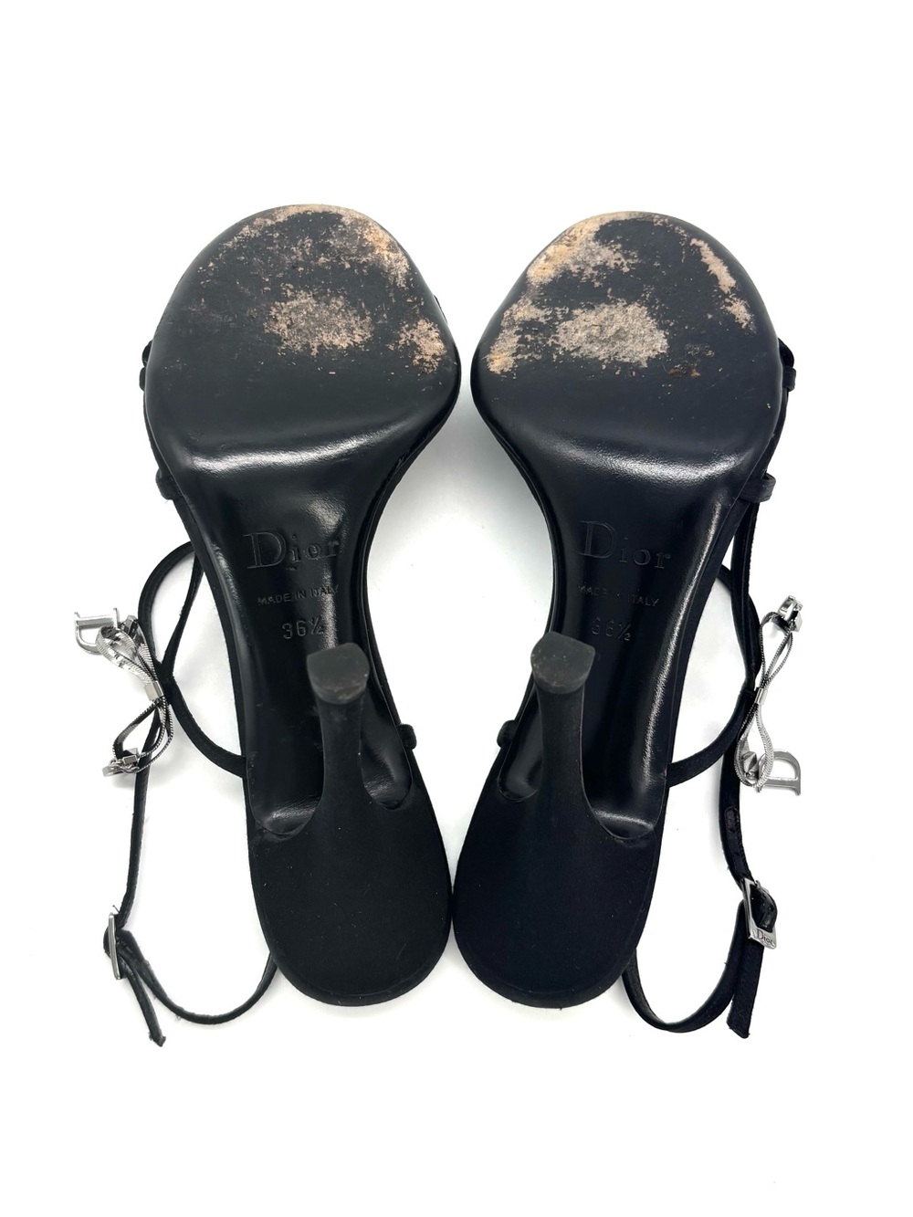 Dior John Galliano Vintage CD Bow Charm Black Satin Ankle Strap Sandals 36.5 - Picture 10 of 11